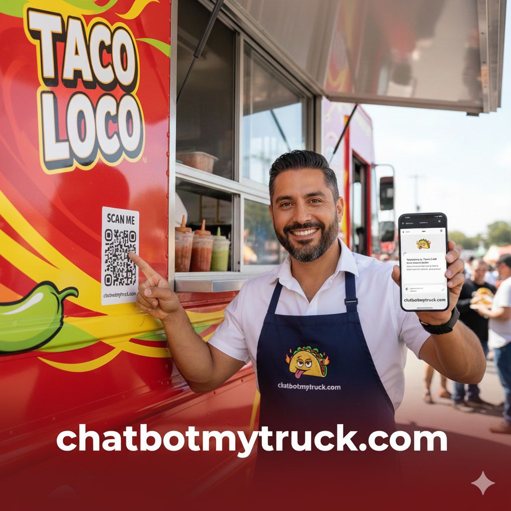 Taco Loco food truck owner demonstrating QR code chatbot system