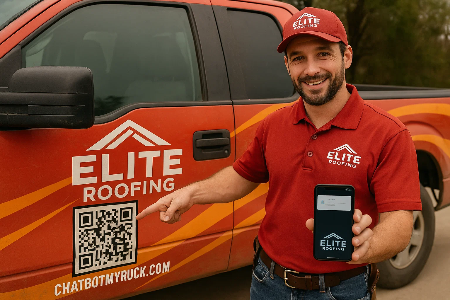 Elite Roofing contractor with chatbot QR code on service vehicle